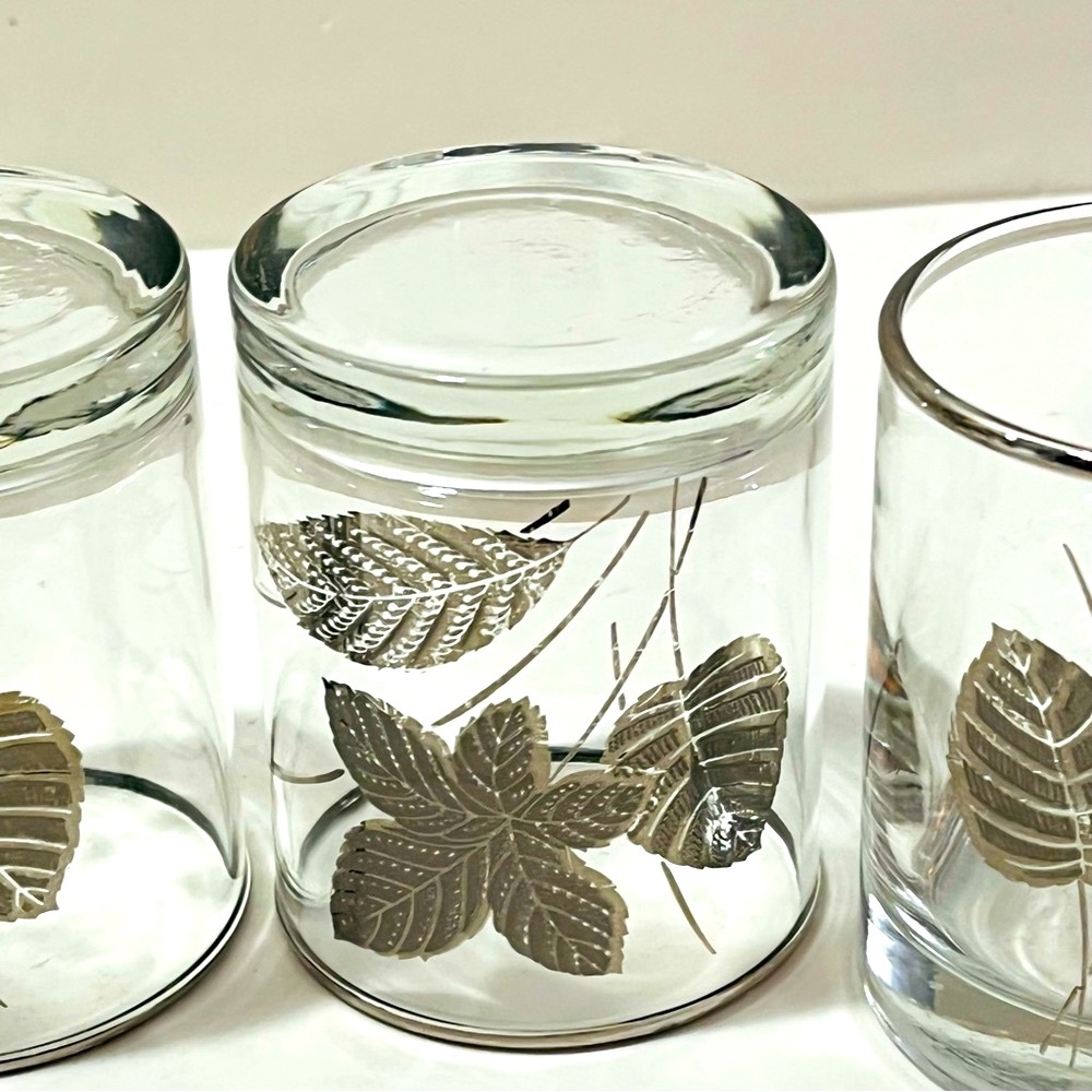 Libby MCM VTG Barware Rocks Glasses Set of 4 Tumblers Embossed Silver Leaves Rim - Picture 9 of 16